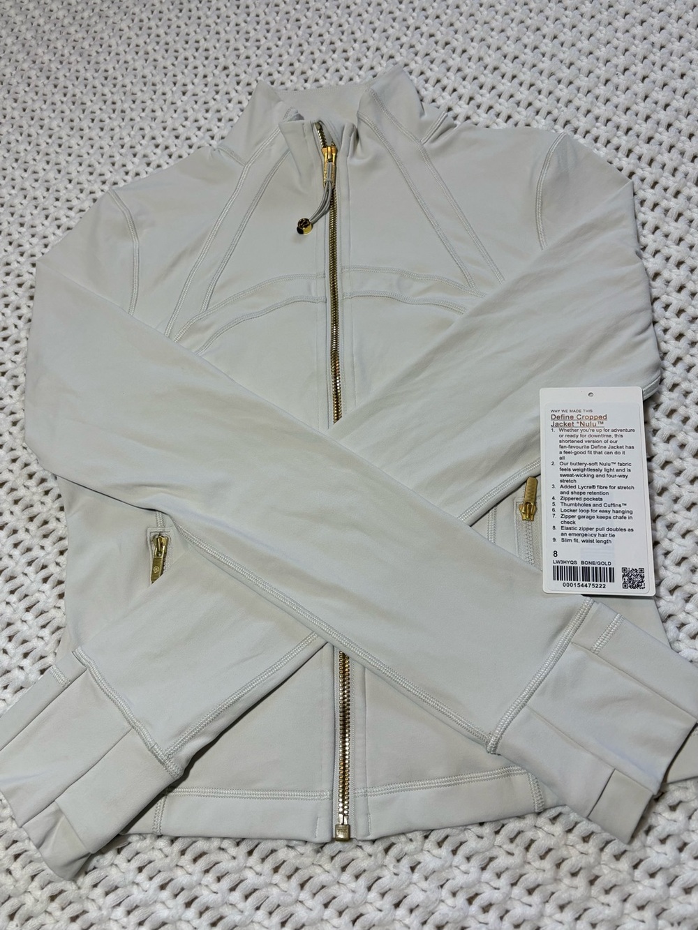 lululemon bone/gold zipper define cropped jacket nulu size 8
